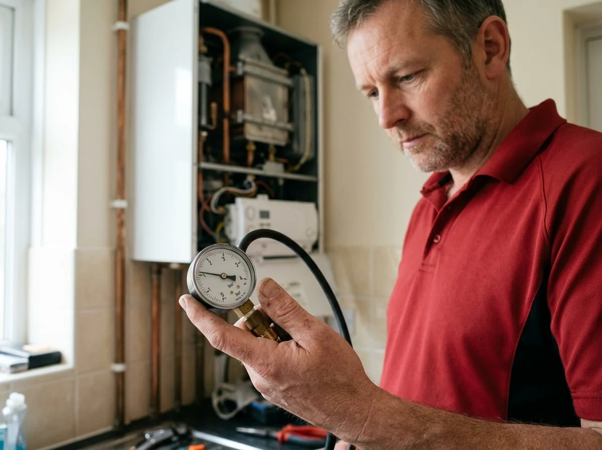 Richmond Plumbers 247 engineer checking boiler pressure with a gauge during a boiler repair in Richmond